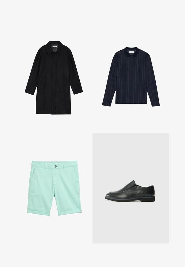 Must mustritud pehme kangast must mantel. Omab kraed, raglanvarrukaid, külgkotte ja ees nuppe.; Tumesinise pika varrukaga polo särk, millel on kraelõige, õhukesed vertikaalsed triibud ja kolme nupuga klapp. Pehme kangastekstuur.; Heledad tealsinised lühikesed püksid kergest kangast, millel on nupuga sulgemine, kaks esi-taskut ja keeratud paelad mugava sobivuse tagamiseks.; Must musta laia suuga king, millel on sile ülemine osa, õmmeldud detailid, ümmargune nina ja madal kummist konts. Tallal on minimaalne mustr.