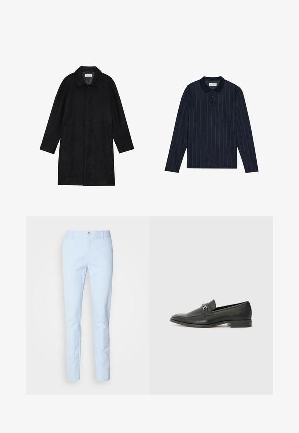 Juodas paltas, pagamintas iš minkštos, tekstūruotos medžiagos. Su apykakle, raglan rankovėmis, šoninėmis kišenėmis ir priekinėmis mygtukų uždarymo detalėmis.; Jūros mėlynos ilgos rankovės polo marškiniai su apykaklės iškirpte, su plonomis vertikaliomis juostelėmis ir trims mygtukais. Minkšta audinio tekstūra.; Šviesiai mėlyni medvilniniai chino kelnės su siauru siluetu, turinčios užtrauktuką, vieną mygtuko užsegimą ir priekinėmis kišenėmis. Lygus paviršius ir minimalistinis dizainas.; Juodos odinės loafer tipo bateliai su lygiu paviršiumi, turintys siuvinėtą dizainą ir dekoratyvų metalo grandinėlės akcentą ant batų viršaus. Plokščias kulnas.