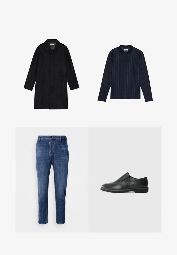 Casaco preto feito de um tecido macio e texturado. Apresenta um colarinho, mangas raglan, bolsos laterais e um fecho frontal com botões.; Polo de manga longa azul-marinho com collar, apresentando finas riscas verticais e abertura com três botões. Textura de tecido suave.; Calças de ganga de denim em azul escuro com um design de perna reta, apresentando um fecho frontal com botão e fecho de correr, cinco bolsos e detalhes de desvanecimento leve.; Sapato slip-on preto em pele com um upper liso, acabamentos cosidos, bico arredondado e um salto de borracha baixo. A sola apresenta um padrão de aderência mínimo.