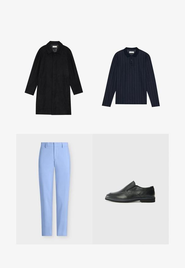 Fekete kabát puha, texturált anyagból készült. Gallérral, raglán ujjal, oldalsó zsebekkel és elülső gombos záródással rendelkezik.; Sötétkék, hosszú ujjú pólóing, álló gallérral, vékony függőleges csíkokkal és három gombos záródással. Puha textúrájú anyag.; Világoskék, testre szabott nadrág sima textúrával, egyenes lábformával és elülső zsebbel. Övhurkokkal és cipzáras záródással rendelkezik.; Fekete bőr, slip-on cipő sima felsőrésszel, varrott díszítéssel, lekerekített orral és alacsony gumitalppal. A talpa minimális bordázattal rendelkezik.