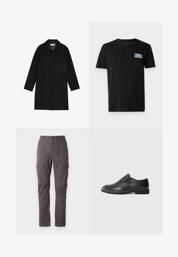 Musta takki, joka on valmistettu pehmeästä, teksturoidusta kankaasta. Sieltä löytyy kaulus, raglanhihat, sivutaskut ja etupainike.; Musta lyhythihainen t-paita, joka on valmistettu pehmeästä kankaasta. T-paidassa on vasemmassa rinnassa sininen suorakulmainen merkki, jossa on teksti "DENIM TOM TAILOR".; Harmaat cargo-housut suoran leikkauksen kanssa, joissa on useita sivutaskuja ja vahvistetut saumat jaloissa. Valmistettu kestävästä kankaasta.; Musta nahkainen liukujalkine, jossa on sileä pinta, ommeltuja yksityiskohtia, pyöristetty kärki ja matala kumipohja. Pohjassa on minimaalinen pito.