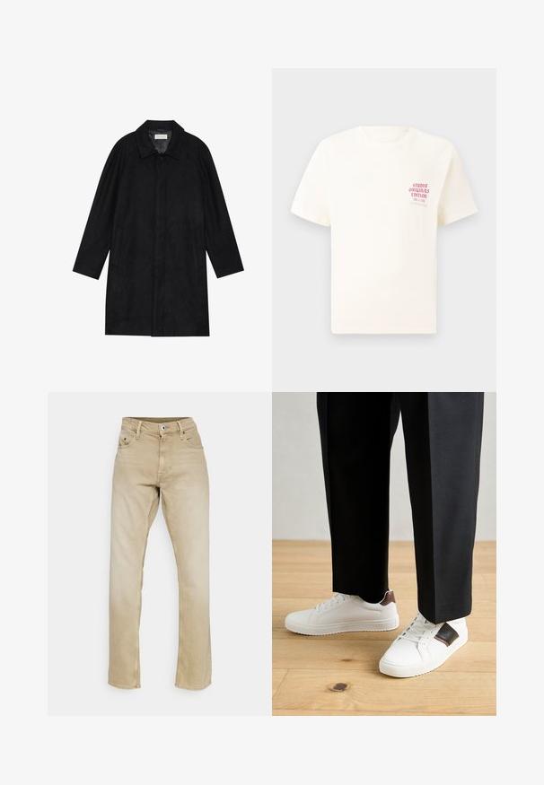 Abrigo negro hecho de un tejido suave y texturizado. Presenta un cuello, mangas raglán, bolsillos laterales y un cierre frontal con botones.; Camiseta blanca de manga corta con el texto rojo "Edición de Studio Originals" en el lado izquierdo del pecho, exhibida sobre un fondo gris neutro.; Jeans de mezclilla beige con un diseño de pierna recta, estilo de cinco bolsillos y cierre de botón. Cuentan con una textura suave y sencillos detalles de costura.; Zapatillas blancas con textura suave, con acentos de cuero marrón y detalles en negro, combinadas con pantalones negros ajustados. Fondo de suelo de madera.