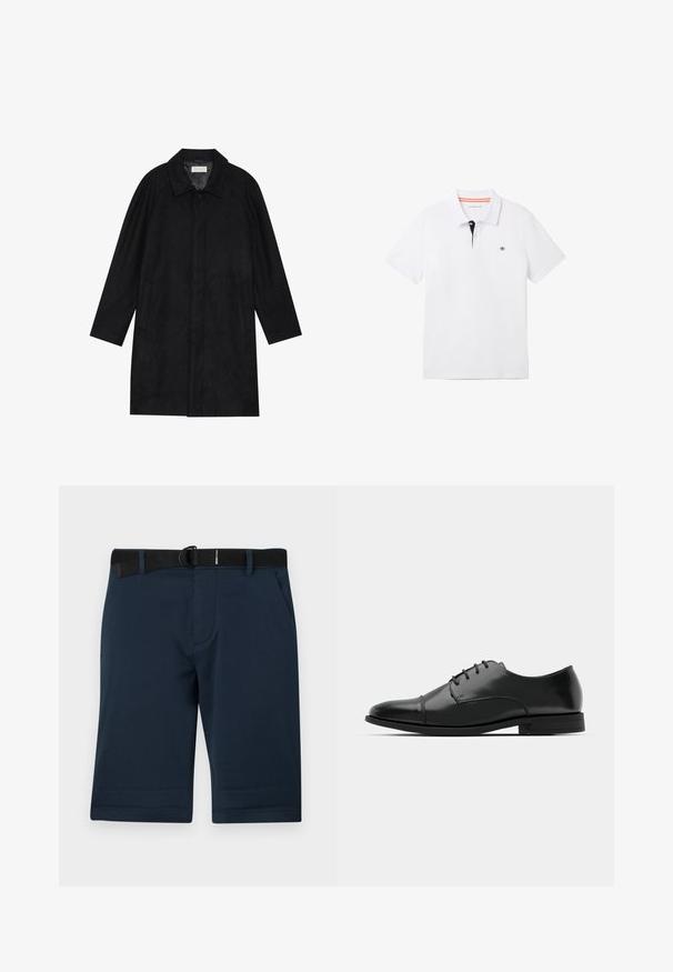 Must mustritud pehme kangast must mantel. Omab kraed, raglanvarrukaid, külgkotte ja ees nuppe.; Valge polosärk musta kaelusega, millel on oranž ääreline, lühikesed varrukad ja väike logo rinnal. Valmistatud hingavast puuvillasegistusest.; Tumedate sinised lühikesed püksid tekstuuriga kangast, millel on must reguleeritav vöö, kaks küljetaskut ja sirge ääre. ; Must must esine tugeva varbaga, luku kinnitusega, peente õmblustete detailidega ja madala kontsaga. Sile tekstuur ja poleeritud viimistlus.