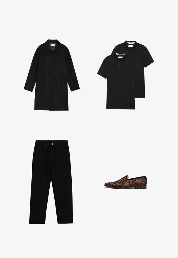 Juodas paltas, pagamintas iš minkštos, tekstūruotos medžiagos. Su apykakle, raglan rankovėmis, šoninėmis kišenėmis ir priekinėmis mygtukų uždarymo detalėmis.; Du žaidimų juodos polo marškiniai, trumpomis rankovėmis, pagaminti iš medvilnės, su klasikinėmis apykaklėmis, dviem mygtukais priekyje ir baltais dryžiais apykaklės viduje.; Juoda džinsinė kelnė su tiesiu kirpimu, penkių kišenių dizainu ir priekiniais mygtukais. Lygus paviršius su minimaliu siuvimo detalėmis.; Lepardų rašto mokasinos su elegantiška forma, pagamintos iš tekstūruoto medžiagos, su žemu kulnu ir kontrastingomis juodomis detalėmis.