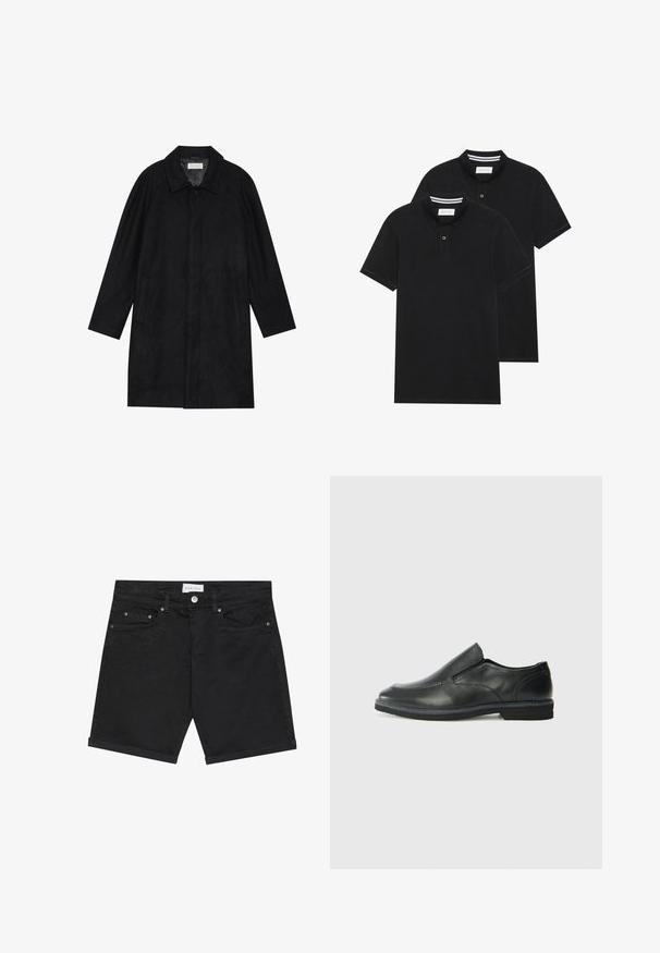 Crni kaput izrađen od mekog, teksturiranog materijala. Ima ovratnik, raglan rukave, bočne džepove i prednje dugme za zatvaranje.; Dva crna polo majice, kratki rukavi, pamučni materijal, sa klasičnom ovratnikom, čepom sa dva gumba i bijelim prugastim detaljima unutar ovratnika.; Crne traper kratke hlače klasičnog kroja, sa zatvaranjem na gumb, pet džepova i preokrenutim rubovima. Glatka tekstura s suptilnim detaljima uzorka.; Crne kožne cipele na sklapanje s glatkom gornjom površinom, prošivenim detaljima, zaobljenim vrhom i niskim gumene potplate. Potplat ima minimalne uzorke.