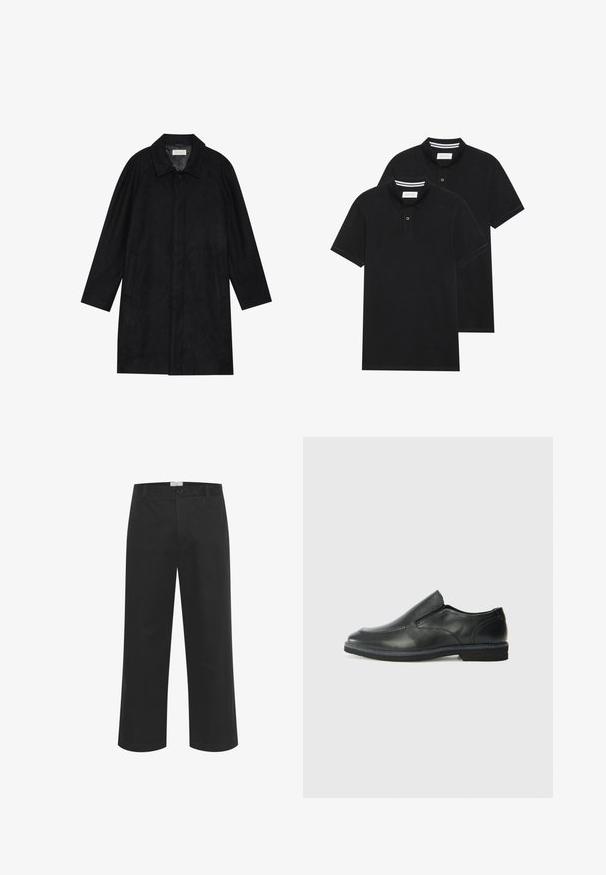 Černý kabát vyrobený z měkké, strukturované tkaniny. Má límec, raglánové rukávy, boční kapsy a přední zapínání na knoflíky.; Dvě černé polokošile s krátkým rukávem z bavlny, s klasickým límcem, dvouknoflíkovou légou a bílými pruhovanými akcenty uvnitř límce.; Černé bavlněné kalhoty s rovnými nohavicemi, s knoflíkovým zapínáním a poutky na opasek; hladká textura bez viditelných vzorů nebo akcentů.; Černá kožená nazouvací bota s hladkým svrškem, prošívanými detaily, zaoblenou špičkou a nízkým gumovým podpatkem. Podešev má minimální vzorek.
