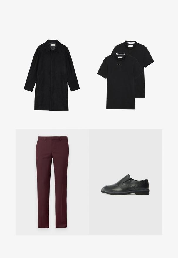 Sort frakke lavet af blød, struktureret stof. Har en krave, raglanærmer, sidelommer og en frontknaplukning.; To sorte polo T-shirts, kortærmede, lavet af bomuldsstof, med en klassisk krave, to-knaps placket og hvide stribede detaljer indeni kraven.; Bordeaux skræddersyede bukser med en struktureret pasform. Har flad front, bæltestropper og ingen synlige lommer, lavet af glat stof.; Sorte læder slip-on sko med en glat overdel, syede detaljer, rund tå og en lav gummihæl. Sålen har minimal profil.
