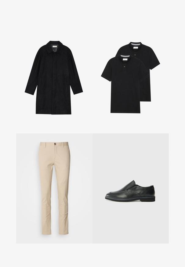 Fekete kabát puha, texturált anyagból készült. Gallérral, raglán ujjal, oldalsó zsebekkel és elülső gombos záródással rendelkezik.; Két fekete pólóing, rövid ujjú, pamut anyagból készült, klasszikus gallérral, két gombos gombolással, és fehér csíkos díszítéssel a gallér belső részén.; Beige vászon nadrág slim fit szabással, gombos záródással, finom textúrával és standard zsebekkel. Egyszerű dizájn, nélküli minták vagy díszítések.; Fekete bőr, slip-on cipő sima felsőrésszel, varrott díszítéssel, lekerekített orral és alacsony gumitalppal. A talpa minimális bordázattal rendelkezik.