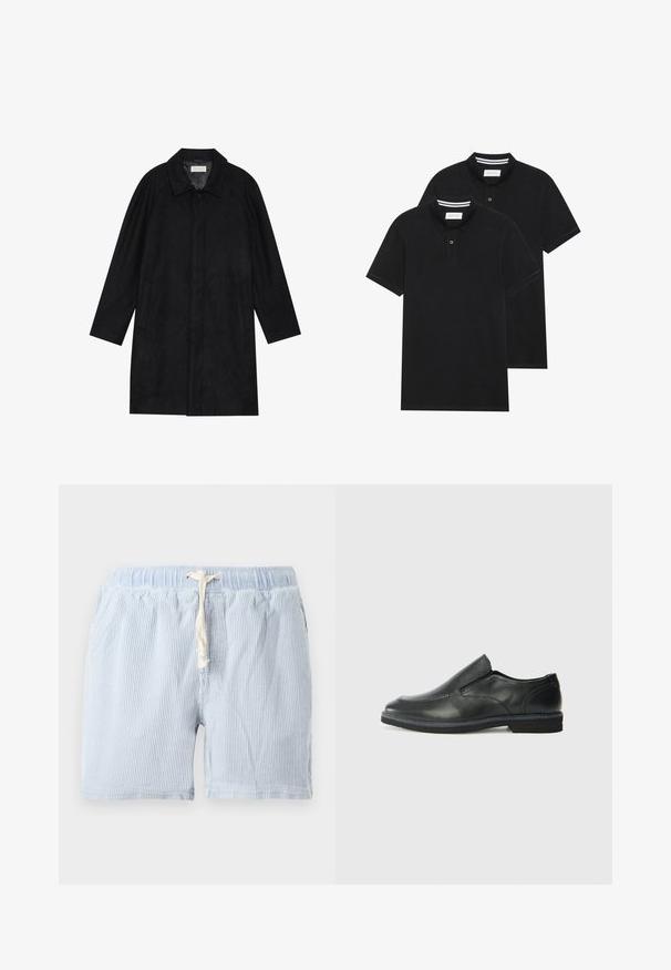 Melnā jaka, izgatavota no mīksta, teksturēta auduma. Ar apkakli, raglāna piedurknēm, sānu kabatām un priekšējo pogu aizdari.; Divas melnas polo krekli, īsām piedurknēm, no kokvilnas materiāla, ar klasisku apkakli, divu pogu aizdari un balti svītroti akcenti apkakles iekšpusē.; Gaiši zili, svītraini šorti no mīksta auduma ar elastīgu vidukli un auklu. Iezīme sānu kabatas un brīvu piegriezumu.; Melnas ādas slip-on kurpes ar gludu augšdaļu, izšūtām akcentiem, noapaļotu purngala daļu un zemu gumijas papēdi. Zole ar minimālu rakstu.