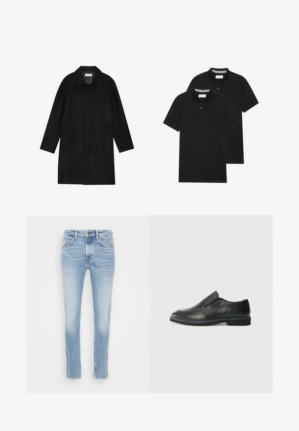 Fekete kabát puha, texturált anyagból készült. Gallérral, raglán ujjal, oldalsó zsebekkel és elülső gombos záródással rendelkezik.; Két fekete pólóing, rövid ujjú, pamut anyagból készült, klasszikus gallérral, két gombos gombolással, és fehér csíkos díszítéssel a gallér belső részén.; Világoskék farmernadrág, egyenes lábbal, enyhe fakulással, öt zsebes stílussal és fémből készült gombos zárral a deréknál.; Fekete bőr, slip-on cipő sima felsőrésszel, varrott díszítéssel, lekerekített orral és alacsony gumitalppal. A talpa minimális bordázattal rendelkezik.