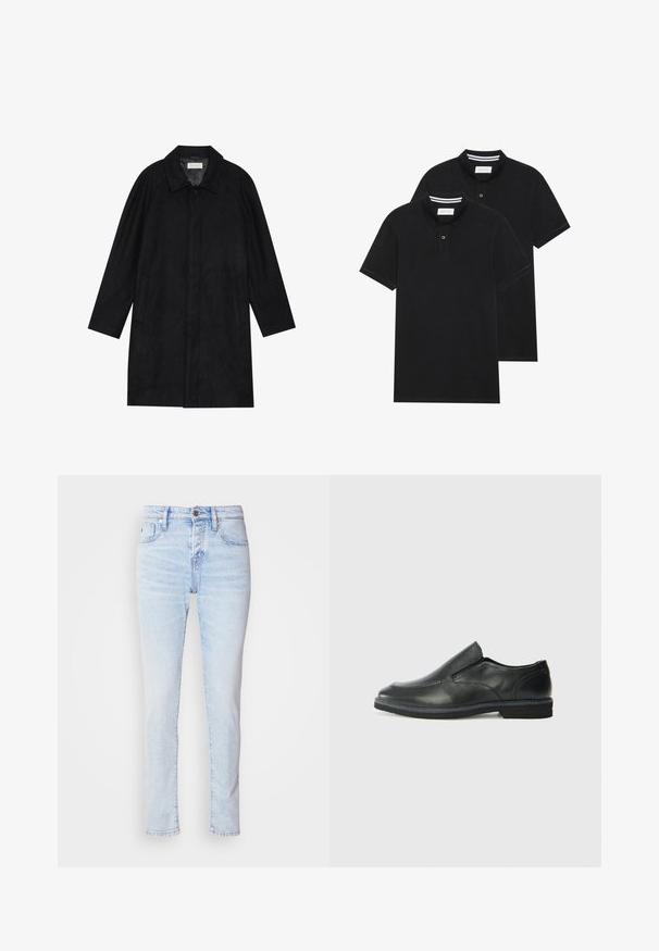Cappotto nero realizzato in tessuto morbido e texturizzato. Caratterizzato da un colletto, maniche raglan, tasche laterali e chiusura frontale con bottoni.; Due magliette polo nere, con maniche corte, in cotone, con colletto classico, pattina a due bottoni e dettagli a righe bianche all'interno del colletto.; Jeans in denim azzurro chiaro con vestibilità slim, design a cinque tasche e chiusura a bottone. Presentano lievi sbiaditure e taglio dritto.; Scarpa nera in pelle con inserto scivolare, superiore liscio, dettagli cuciti, punta arrotondata e tacco in gomma basso. La suola presenta un battistrada minimale.