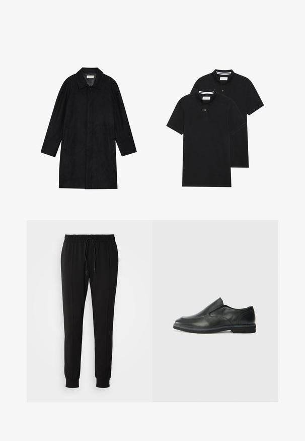Melnā jaka, izgatavota no mīksta, teksturēta auduma. Ar apkakli, raglāna piedurknēm, sānu kabatām un priekšējo pogu aizdari.; Divas melnas polo krekli, īsām piedurknēm, no kokvilnas materiāla, ar klasisku apkakli, divu pogu aizdari un balti svītroti akcenti apkakles iekšpusē.; Melnas sporta bikses ar elastīgu jostasviedoru un auklu, ar piegriezumu, kas sašaurinās uz leju un sānu šuvēm, nodrošinot elegantu izskatu. Mīksta auduma tekstūra.; Melnas ādas slip-on kurpes ar gludu augšdaļu, izšūtām akcentiem, noapaļotu purngala daļu un zemu gumijas papēdi. Zole ar minimālu rakstu.