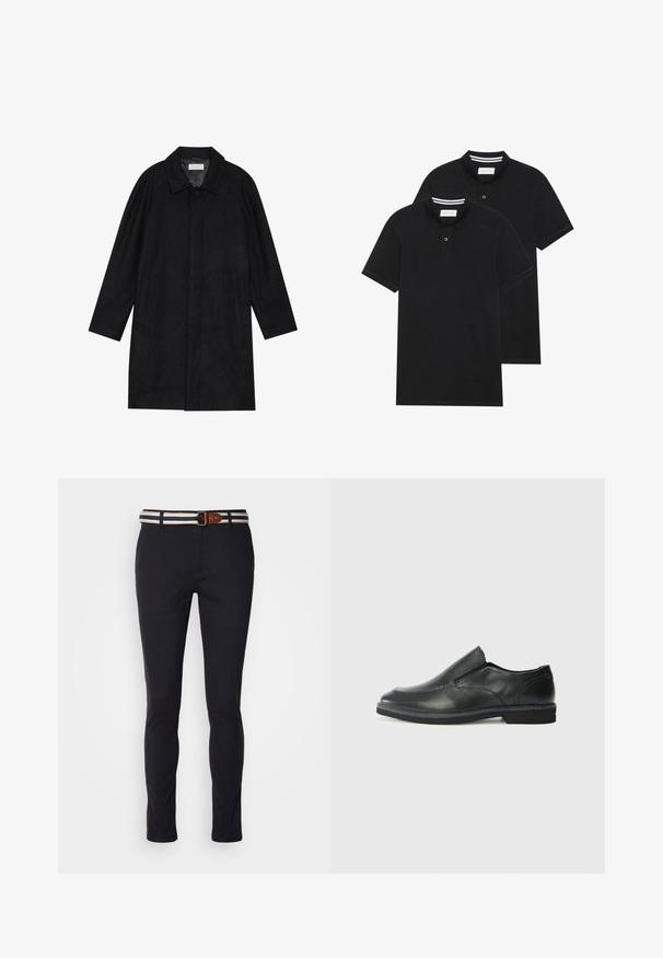 Fekete kabát puha, texturált anyagból készült. Gallérral, raglán ujjal, oldalsó zsebekkel és elülső gombos záródással rendelkezik.; Két fekete pólóing, rövid ujjú, pamut anyagból készült, klasszikus gallérral, két gombos gombolással, és fehér csíkos díszítéssel a gallér belső részén.; Sötétkék pamut nadrág, slim fit fazonban, csíkos szőtt övvel, amelynek barna bőrkiegészítője van, és klasszikus cipzárral záródik.; Fekete bőr, slip-on cipő sima felsőrésszel, varrott díszítéssel, lekerekített orral és alacsony gumitalppal. A talpa minimális bordázattal rendelkezik.