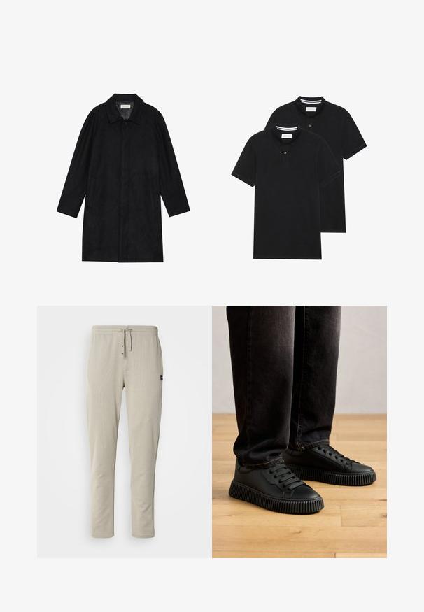 Manteau noir en tissu doux et texturé. Présente un col, des manches raglan, des poches latérales et une fermeture à boutons sur le devant.; Deux polos noirs, à manches courtes, en coton, avec un col classique, une patte de boutonnage à deux boutons, et des accents rayés blancs à l'intérieur du col.; Pantalons jogger beiges en tissu doux, avec une taille élastique, un cordon de serrage et deux poches avant. Design minimaliste avec des coutures latérales.; Personne portant des baskets noires à semelle cannelée et un jean noir, se tenant sur un sol en bois clair.