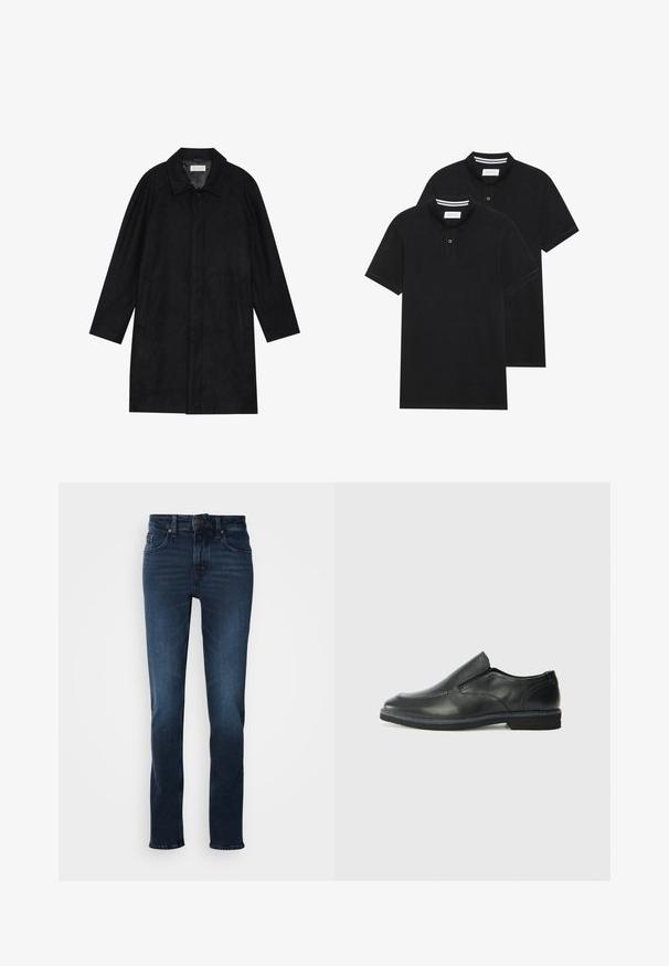 Crni kaput izrađen od mekog, teksturiranog materijala. Ima ovratnik, raglan rukave, bočne džepove i prednje dugme za zatvaranje.; Dva crna polo majice, kratki rukavi, pamučni materijal, sa klasičnom ovratnikom, čepom sa dva gumba i bijelim prugastim detaljima unutar ovratnika.; Tamno plave traperice s ravnim nogavicama, pet džepova, prednjim kopčanjem na dugme i blagim izbljeđivanjem na bedrom.; Crne kožne cipele na sklapanje s glatkom gornjom površinom, prošivenim detaljima, zaobljenim vrhom i niskim gumene potplate. Potplat ima minimalne uzorke.