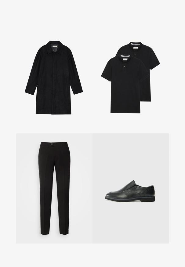 Casaco preto feito de um tecido macio e texturado. Apresenta um colarinho, mangas raglan, bolsos laterais e um fecho frontal com botões.; Duas camisetas polo pretas, de manga curta, em material de algodão, com colarinho clássico, abertura com dois botões e detalhes em riscas brancas no interior do colarinho.; Calças pretas de perna reta feitas de tecido suave, com fecho de botão e bolsos laterais com um design clássico.; Sapato slip-on preto em pele com um upper liso, acabamentos cosidos, bico arredondado e um salto de borracha baixo. A sola apresenta um padrão de aderência mínimo.