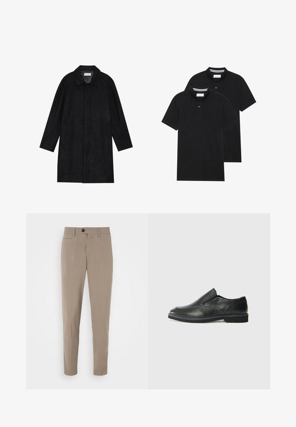 Črn plašč, izdelan iz mehkega, strukturiranega blaga. Ima ovratnik, raglan rokave, stranske žepe in sprednje zapiranje na gumbe.; Dve črne polo majice, kratke rokave, iz bombažnega materiala, z klasik ovratnikom, dvobodno zaponko in belimi črtkami znotraj ovratnika.; Bež hlače z ozkim krojem, z zadrgo in sprednjim žepom. Narejene so iz gladkega materiala z ostrim videzom.; Črne usnjene natikače z gladkim zgornjim delom, prišitimi detajli, zaobljenim nosom in nizkim gumijastim petkom. Podplat ima minimalen profil.