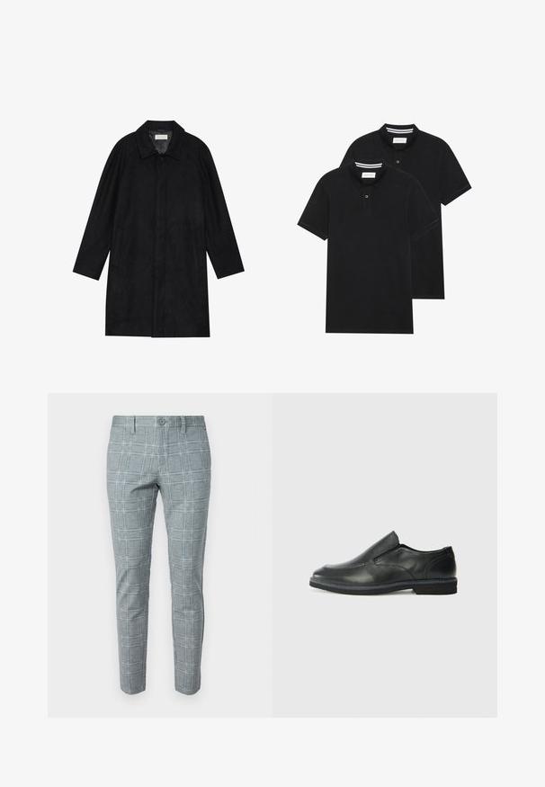 Melnā jaka, izgatavota no mīksta, teksturēta auduma. Ar apkakli, raglāna piedurknēm, sānu kabatām un priekšējo pogu aizdari.; Divas melnas polo krekli, īsām piedurknēm, no kokvilnas materiāla, ar klasisku apkakli, divu pogu aizdari un balti svītroti akcenti apkakles iekšpusē.; Pelēku svītrainu bikses ar pieguļošu piegriezumu, pogu aizdari un gludu auduma tekstūru ar režģa rakstu.; Melnas ādas slip-on kurpes ar gludu augšdaļu, izšūtām akcentiem, noapaļotu purngala daļu un zemu gumijas papēdi. Zole ar minimālu rakstu.