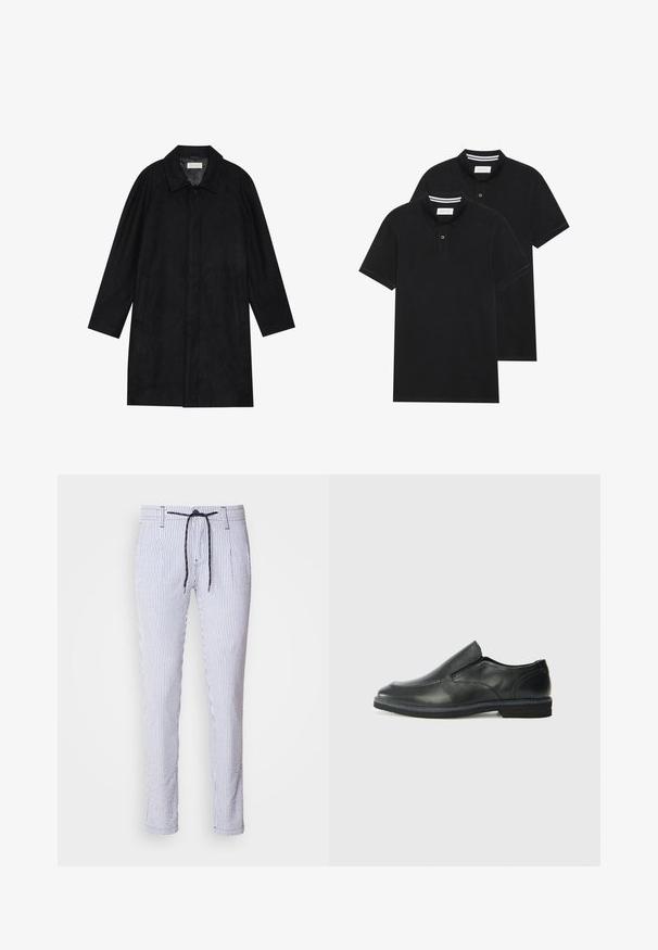 Crni kaput izrađen od mekog, teksturiranog materijala. Ima ovratnik, raglan rukave, bočne džepove i prednje dugme za zatvaranje.; Dva crna polo majice, kratki rukavi, pamučni materijal, sa klasičnom ovratnikom, čepom sa dva gumba i bijelim prugastim detaljima unutar ovratnika.; Prugaste hlače od svijetloplavog i bijelog pamuka, sa strukom na uže, bočnim džepovima, i uskim krojem s suženim nogavicama.; Crne kožne cipele na sklapanje s glatkom gornjom površinom, prošivenim detaljima, zaobljenim vrhom i niskim gumene potplate. Potplat ima minimalne uzorke.