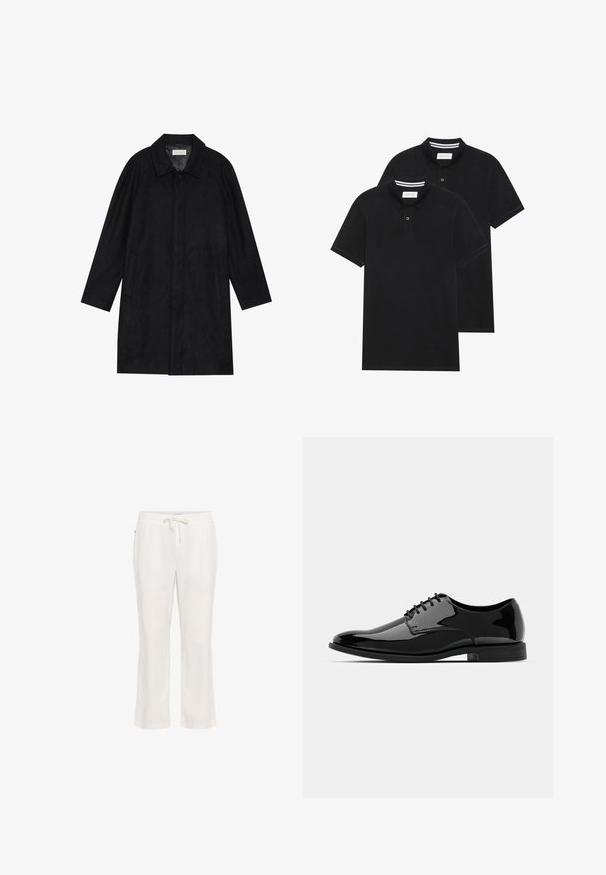 Must mustritud pehme kangast must mantel. Omab kraed, raglanvarrukaid, külgkotte ja ees nuppe.; Kaks musta polo särki, lühikeste varrukatega, puuvillane materjal, klassikalise kraega, kahe nupuga kinnitusega, valgete triipudega krae sisepinnal.; Kerged, valged linased püksid elastse vöökoha ja nööriga. Sirge jala disain, sujuva tekstuuriga ja ilma märgatavate mustriteta.; Mustan läikiva nahast kleitking, millel on ümar varvas, nööridega disain ja sile, läikiv pind. Omab madalat kummitalda.