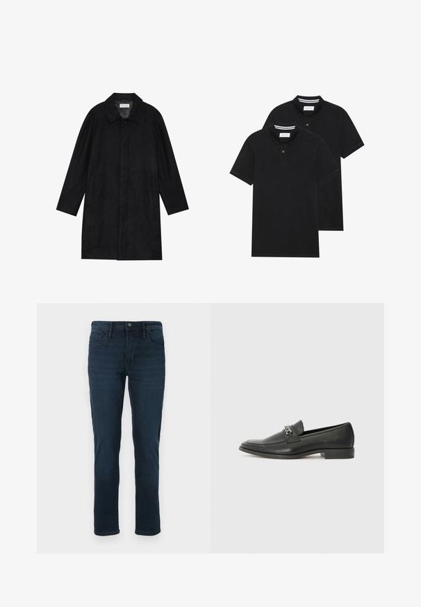 Črn plašč, izdelan iz mehkega, strukturiranega blaga. Ima ovratnik, raglan rokave, stranske žepe in sprednje zapiranje na gumbe.; Dve črne polo majice, kratke rokave, iz bombažnega materiala, z klasik ovratnikom, dvobodno zaponko in belimi črtkami znotraj ovratnika.; Temno modri kavbojke z ravnim krojem, ki imajo pet žepov, gumbno zapiranje in subtilno bledenje spredaj.; Črni usnjeni loafer z gladko površino, ki ima šivano zasnovo in dekorativni kovinski verižni naglas preko vampirja. Ravno peto.