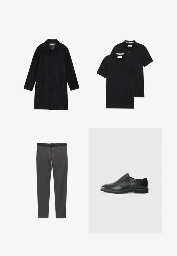 Abrigo negro hecho de un tejido suave y texturizado. Presenta un cuello, mangas raglán, bolsillos laterales y un cierre frontal con botones.; Dos camisetas polo negras, de manga corta, de material de algodón, que presentan un cuello clásico, una tapeta de dos botones y acentos de rayas blancas en el interior del cuello.; Pantalones grises de tela tejida, con corte recto, bolsillos laterales y un cinturón de cuero negro con una hebilla plateada.; Zapato negro de cuero sin cordones con un upper suave, detalles de costura, punta redonda y un bajo tacón de goma. La suela presenta una tracción mínima.
