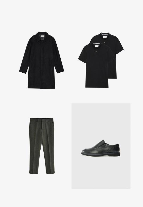 Fekete kabát puha, texturált anyagból készült. Gallérral, raglán ujjal, oldalsó zsebekkel és elülső gombos záródással rendelkezik.; Két fekete pólóing, rövid ujjú, pamut anyagból készült, klasszikus gallérral, két gombos gombolással, és fehér csíkos díszítéssel a gallér belső részén.; Next REGULAR FIT DONEGAL - Vászonnadrágok - green; Fekete bőr, slip-on cipő sima felsőrésszel, varrott díszítéssel, lekerekített orral és alacsony gumitalppal. A talpa minimális bordázattal rendelkezik.