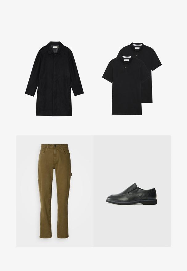 Manteau noir en tissu doux et texturé. Présente un col, des manches raglan, des poches latérales et une fermeture à boutons sur le devant.; Deux polos noirs, à manches courtes, en coton, avec un col classique, une patte de boutonnage à deux boutons, et des accents rayés blancs à l'intérieur du col.; Pantalons en coton vert olive avec coupe droite, dotés d'une fermeture à bouton sur le devant et de poches latérales. Texture lisse et design épuré.; Chaussure slip-on en cuir noir avec une tige lisse, des accents cousus, un bout arrondi et un petit talon en caoutchouc. La semelle présente un profil de traction minimal.