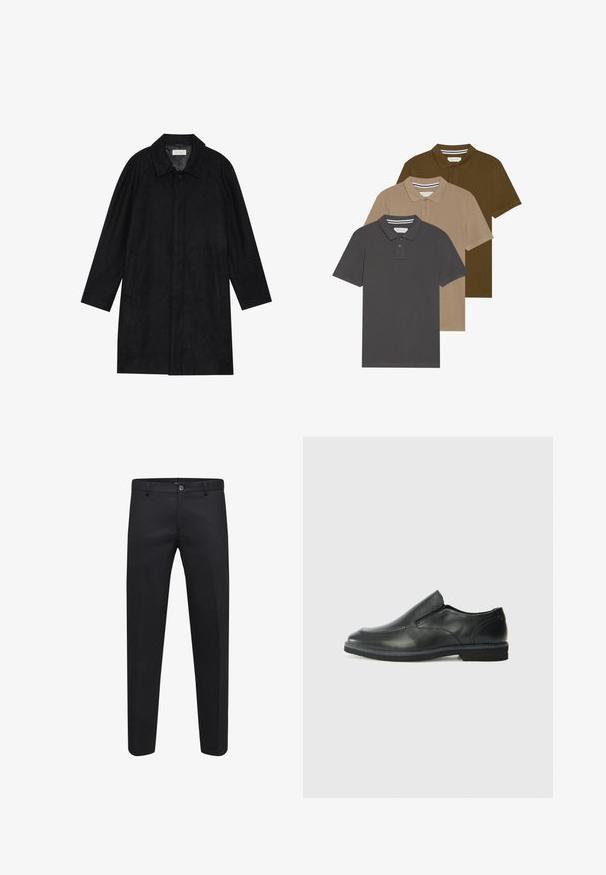 Fekete kabát puha, texturált anyagból készült. Gallérral, raglán ujjal, oldalsó zsebekkel és elülső gombos záródással rendelkezik.; Három póló, vertikálisan egymásra rakva: sötétszürke, bézs és olíva zöld. Rövid ujjú, galléros nyakkal, két gombbal, pamut anyagból készült.; Fekete, sima anyagból készült, testre szabott nadrág, gombos záródással, övhurkokkal és oldalsó zsebekkel, egyenes szárú kialakítással.; Fekete bőr, slip-on cipő sima felsőrésszel, varrott díszítéssel, lekerekített orral és alacsony gumitalppal. A talpa minimális bordázattal rendelkezik.