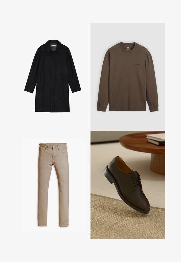 Crni kaput izrađen od mekog, teksturiranog materijala. Ima ovratnik, raglan rukave, bočne džepove i prednje dugme za zatvaranje.; Smeđi dukserica dugih rukava od pamuka, s okruglim izrezom i elastičnim manžetama. Mali logo otisnut blizu prsnog dijela.; Levi's® 511® SLIM - Traperice uskog kroja - paper; Smeđa kožna cipele za odijelo s teksturiranim gornjim dijelom, čipkastim dizajnom, kontrastnim šavovima i izdržljivom gumenom potplatom, lebdi iznad tkanog tepiha.
