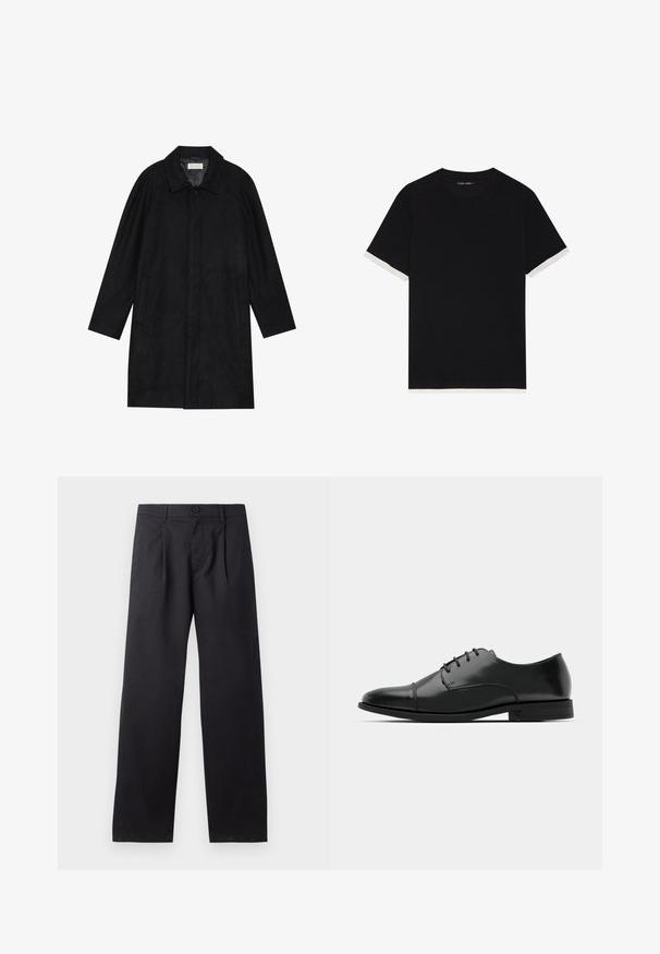 Crni kaput izrađen od mekog, teksturiranog materijala. Ima ovratnik, raglan rukave, bočne džepove i prednje dugme za zatvaranje.; Crna majica kratkih rukava od teksturiranog materijala, s bijelim detaljima na manžetama. Okrugli izrez, ležerni kroj.; Crne hlače širokog kroja od glatkog materijala. Imaju prednje nabore, zatvaranje na dugme i dva bočna džepa.; Crne kožne cipele s okruglim prstom, s vezanjem, suptilnim detaljima šivanja i niskim potplatima. Glatka tekstura s poliranim finišem.