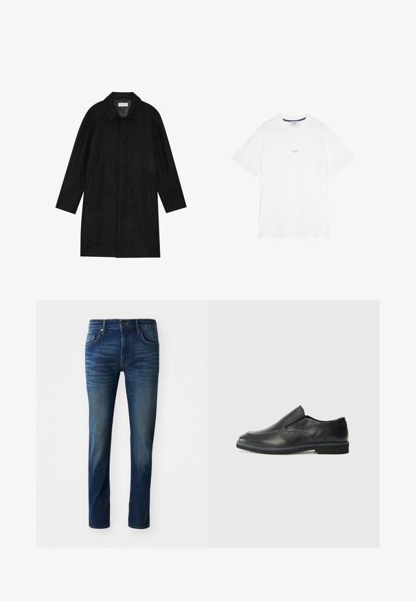 Melnā jaka, izgatavota no mīksta, teksturēta auduma. Ar apkakli, raglāna piedurknēm, sānu kabatām un priekšējo pogu aizdari.; Balta kokvilnas T-kreklā ar īsām piedurknēm, apaļu kakla izgriezumu un smalku tekstu centrā. Gluda tekstūra ar brīvu piegriezumu.; Tumši zili džinsi ar šauru piegriezumu, ar piecām kabatām, priekšējo pogu aizdari un nelielu izbalētu faktūru uz kājām.; Melnas ādas slip-on kurpes ar gludu augšdaļu, izšūtām akcentiem, noapaļotu purngala daļu un zemu gumijas papēdi. Zole ar minimālu rakstu.