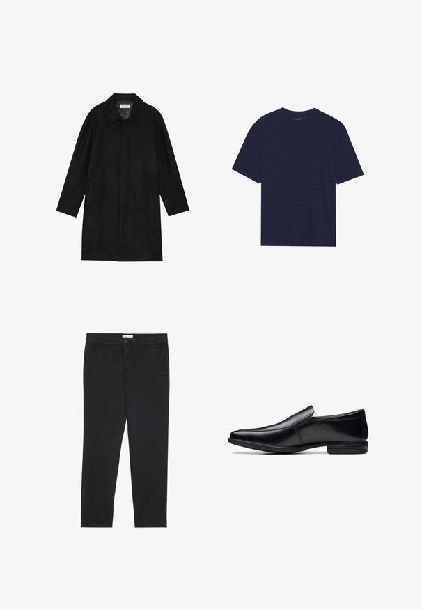 Geacă neagră dintr-un material moale și texturat. Dispune de un guler, mâneci raglan, buzunare laterale și închidere cu nasture în față.; Tricou navy blue cu mânecă scurtă, cu decolteu rotund și dungi orizontale subtile pe textura țesăturii. Fabricat dintr-un material moale.; Pantaloni din bumbac negri cu o croială slim, având două buzunare laterale și închidere frontală cu buton. Material texturat cu detalii subtile.; Pantof cu slip-on din piele neagră, cu vârf ascuțit, finisaj lucios, detalii subtile de cusut și talpă din cauciuc de profil redus.