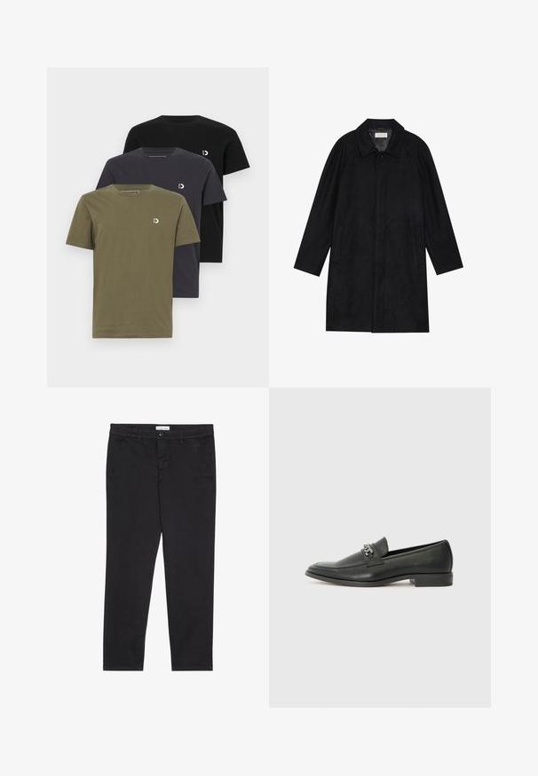 Melnā jaka, izgatavota no mīksta, teksturēta auduma. Ar apkakli, raglāna piedurknēm, sānu kabatām un priekšējo pogu aizdari.; Trīs īsām piedurknēm t-krekli olīvu zaļā, tumši pelēkā un melnā krāsā. Izgatavoti no mīksta kokvilnas, katram ir neliels logo uz krūtīm.; Melni kokvilnas bikses ar šauru piegriezumu, kurām ir divas sānu kabatas un priekšējā pogu aizdare. Tekstūrēta auduma ar smalku detalizāciju.; Melna ādas loafer izmēra apavi ar gludu virsmu, piedāvā ar šūtu dizainu un dekoratīvu metāla ķēdes akcentu pār vampu. Plakana papēža daļa.