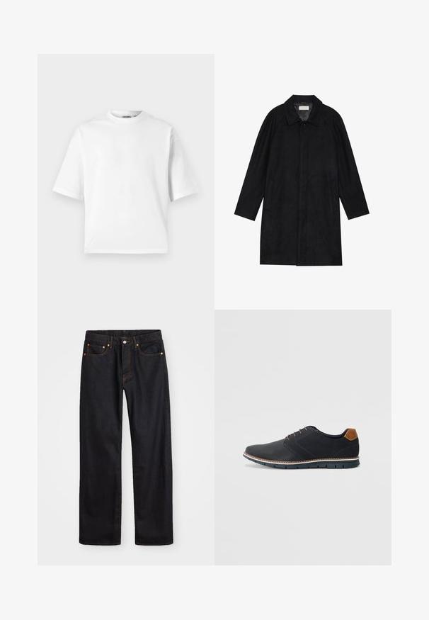 Manteau noir en tissu doux et texturé. Présente un col, des manches raglan, des poches latérales et une fermeture à boutons sur le devant.; T-shirt blanc à manches courtes en coton. Il possède un col rond classique et une coupe décontractée avec une texture lisse. Aucune motif ni accent.; Jean en denim noir pour hommes, coupe droite, avec cinq poches et surpiqûres orange, fermeture par bouton et zip à la taille avant.; Chaussures synthétiques noires avec un dessus texturé, accents lisses, talon marron et semelle contrastante. Présente un laçage minimal et des détails de couture.