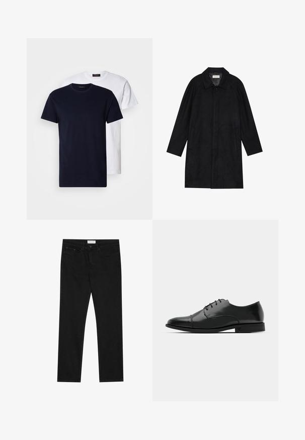 Černý kabát vyrobený z měkké, strukturované tkaniny. Má límec, raglánové rukávy, boční kapsy a přední zapínání na knoflíky.; Dvé bavlněné trička: jedno námořnické modré a jedno bílé, obě s krátkým rukávem a kulatým výstřihem, hladká textura, a žádné viditelné vzory.; Černé rovné džíny s pěti kapsami, zapínání na knoflík a zip, a štítek značky Pier One na pase.; Černé kožené společenské boty s kulatou špičkou, šněrováním, jemnými švy a nízkým podpatkem. Hladký povrch s lesklým finišem.