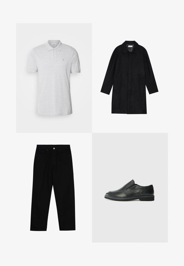 Fekete kabát puha, texturált anyagból készült. Gallérral, raglán ujjal, oldalsó zsebekkel és elülső gombos záródással rendelkezik.; Szürke pólóing, amely pamutból készült, klasszikus gallérral, két gombos nyakkal és egy kis hímzett logóval a bal mellrészen.; Fekete farmernadrág, egyenes szabással, öt zsebből álló dizájnnal és elülső gombos záródással. Simább felület minimális varrási részletekkel.; Fekete bőr, slip-on cipő sima felsőrésszel, varrott díszítéssel, lekerekített orral és alacsony gumitalppal. A talpa minimális bordázattal rendelkezik.