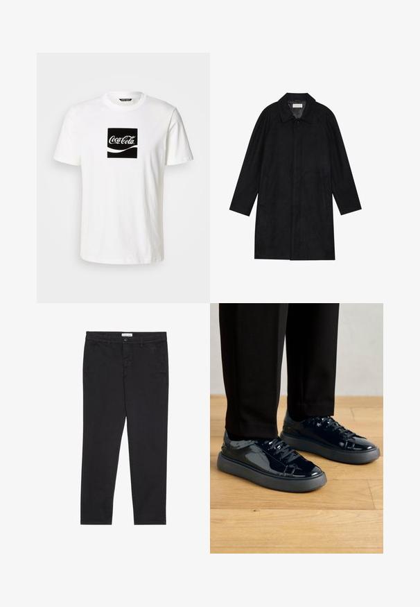 Czarny płaszcz wykonany z miękkiego, teksturowanego materiału. Posiada kołnierz, rękawy raglanowe, boczne kieszenie oraz zapięcie na guziki z przodu.; Biały bawełniany T-shirt z czarną kwadratową grafiką z logo Coca-Cola i falistym wzorem w białym kolorze, krótki rękaw i okrągły dekolt.; Czarnie bawełniane spodnie o dopasowanym kroju, z dwoma bocznymi kieszeniami i zapięciem na guzik z przodu. Teksturowana tkanina z subtelnymi detalami.; Czarne sneakersy z lakierowanej skóry z teksturowaną gumową podeszwą, okrągłym noskiem i pasującymi czarnymi sznurówkami, zestawione z czarnymi spodniami na drewnianej podłodze.