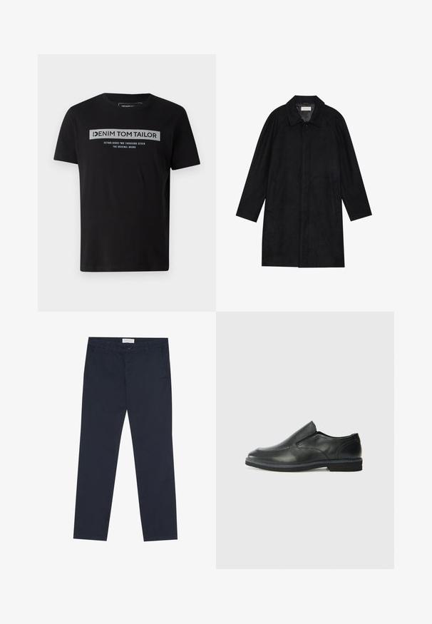Fekete kabát puha, texturált anyagból készült. Gallérral, raglán ujjal, oldalsó zsebekkel és elülső gombos záródással rendelkezik.; Fekete pamut póló rövid ujjakkal, elöl szürke és kék szövegből készült grafikával, amely tartalmazza a "DENIM TOM TAILOR" márkanevet.; Sötétkék vászon nadrág, amely pamutból készült, sima tapintású, cipzáras záródással, övhurkokkal és oldalsó zsebekkel a praktikum érdekében.; Fekete bőr, slip-on cipő sima felsőrésszel, varrott díszítéssel, lekerekített orral és alacsony gumitalppal. A talpa minimális bordázattal rendelkezik.