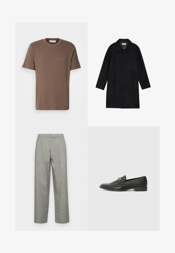 Črn plašč, izdelan iz mehkega, strukturiranega blaga. Ima ovratnik, raglan rokave, stranske žepe in sprednje zapiranje na gumbe.; Rjava bombažna majica s kratkimi rokavi in okroglim izrezom, z diskretnim logotipom na prsih; lahka tkanina z mehkim in teksturiranim zaključkom.; Sive prilagojene hlače iz teksturiranega blaga, s ravnim krojem, sprednjimi gubami in standardnim pasom z zankami za pas.; Črni usnjeni loafer z gladko površino, ki ima šivano zasnovo in dekorativni kovinski verižni naglas preko vampirja. Ravno peto.
