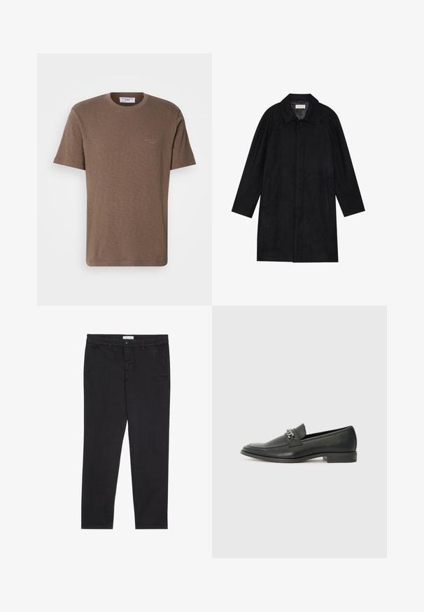 Must mustritud pehme kangast must mantel. Omab kraed, raglanvarrukaid, külgkotte ja ees nuppe.; Pruun puuvillane T-särk, ümmarguse kaelusega, lühikeste varrukatega ja kerge logoga rinna piirkonnas; kerge kangas, millel on pehme ja tekstureeritud viimistlus.; Mustad puuvillased püksid kitsas lõikes, millel on kaks külgtaskut ja ees klõpsuga kinnitamine. Tekstuuriga kangas, millel on peened detailid.; Must haveate nahkking punased, millel on sile viimistlus, tikitud muster ja dekoratiivne metallkett vampi üle. Tasane konts.