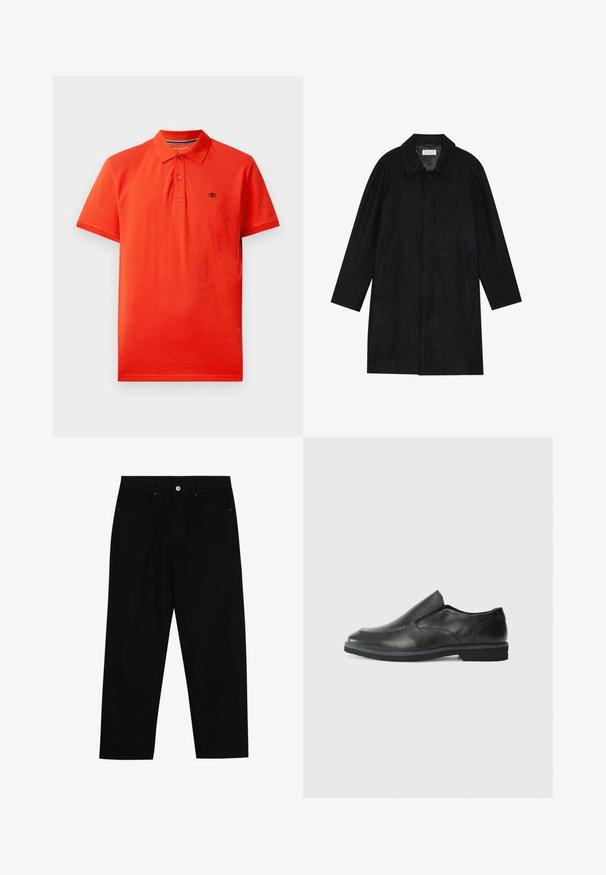 Schwarzer Mantel aus weichem, strukturiertem Stoff. Besitzt einen Kragen, Raglansärmel, seitliche Taschen und einen vorderen Knopfverschluss.; Rotes Polohemd aus Baumwolle mit einem Kragen, dreiknöpfiger Frontleiste, kurzen Ärmeln und einem kleinen Logo auf der linken Brust.; Schwarze Jeans mit geradem Schnitt, Fünf-Taschen-Design und einem vorderen Knopfverschluss. Glatte Textur mit minimalen Nähten.; Schwarze Leder-Slipper mit glattem Obermaterial, gesteppten Akzenten, runder Zehenpartie und niedrigem Gummiabsatz. Die Sohle hat ein minimales Profil.