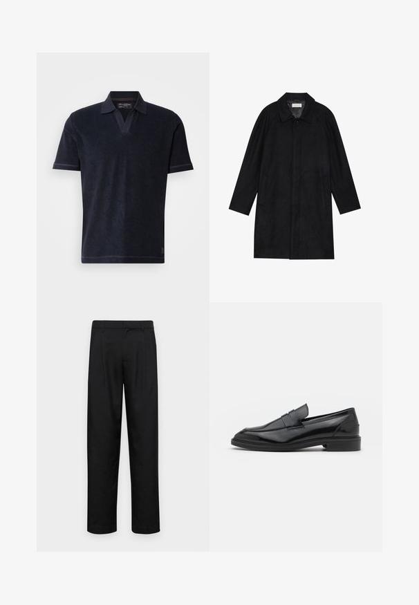 Casaco preto feito de um tecido macio e texturado. Apresenta um colarinho, mangas raglan, bolsos laterais e um fecho frontal com botões.; Camisa polo azul-marinho feita de tecido suave, com gola, mangas curtas e detalhes de costura discretos. Design ajustado.; Calças pretas feitas de tecido suave, com um design de perna reta, dois pregas frontais e uma cintura padrão com passantes para cinto.; Mocassins de couro preto com um acabamento suave, apresentando uma ponta arredondada e uma faixa estreita na parte superior. Salto baixo empilhado.
