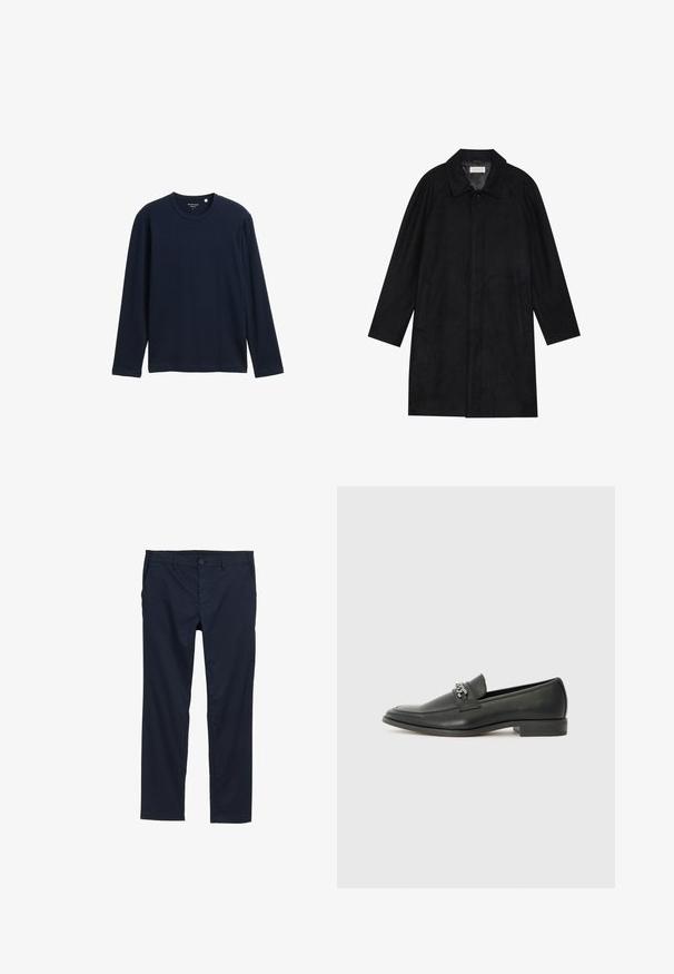 Juodas paltas, pagamintas iš minkštos, tekstūruotos medžiagos. Su apykakle, raglan rankovėmis, šoninėmis kišenėmis ir priekinėmis mygtukų uždarymo detalėmis.; Tamsiai mėlynas ilgomis rankovėmis marškinėliai, pagaminti iš minkštos medvilnės, su apvaliu kaklu ir laisvu siluetu, be matomų raštų ar akcentų.; Jūržydros mėlynos spalvos lengvi kelnių modeliai su lygiu paviršiumi, tiesiomis kojų linijomis, sagčių uždarymu ir šoninėmis kišenėmis.; Juodos odinės loafer tipo bateliai su lygiu paviršiumi, turintys siuvinėtą dizainą ir dekoratyvų metalo grandinėlės akcentą ant batų viršaus. Plokščias kulnas.