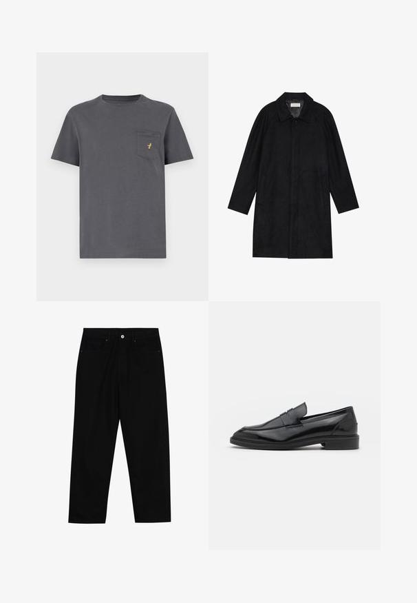 Juodas paltas, pagamintas iš minkštos, tekstūruotos medžiagos. Su apykakle, raglan rankovėmis, šoninėmis kišenėmis ir priekinėmis mygtukų uždarymo detalėmis.; Pilkos medvilnės marškinėliai su trumpomis rankovėmis, apvaliu kaklu ir kišene, kurioje kairėje pusėje yra mažas auksinis logotipas. Lygi audinio tekstūra.; Juoda džinsinė kelnė su tiesiu kirpimu, penkių kišenių dizainu ir priekiniais mygtukais. Lygus paviršius su minimaliu siuvimo detalėmis.; Juodos odinės loafers batai su lygiu paviršiumi, turintys apvalią noselę ir siaurą juostelę per viršų. Žemas sluoksnis kulnas.