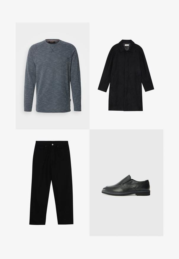 Čierny kabát vyrobený z jemnej, textúrovanej látky. Má golier, raglánové rukávy, bočné vrecká a zapínanie na prednej strane na gombíky.; INDICODE JEANS Top s dlhým rukávom - navy; Čierne denimmové nohavice s rovný strihom, dizajnom s piatimi vreckami a upínaním na prednej strane. Hladká textúra s minimálnymi detailmi šitia.; Čierny kožený nazúvací topánka s hladkým zvrškom, prešitými akcentmi, zaoblenou špičkou a nízkym gumovým podpätkom. Podošva má minimálny dezén.