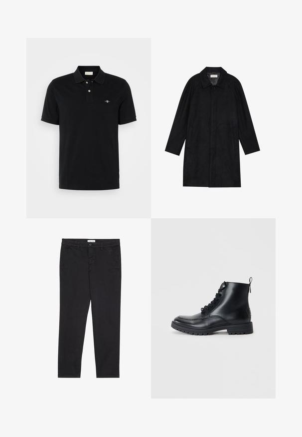 Zwarte jas gemaakt van zachte, gestructureerde stof. Beschikt over een kraag, raglanmouwen, zijzakken en een knoopsluiting aan de voorkant.; Zwarte poloshirt van katoen, met een klassieke kraag, een tweeknoopsluiting, korte mouwen en een klein geborduurd logo op de borst.; Zwarte katoenen broeken met een slim fit, voorzien van twee zijzakken en een sluiting met een voorknop. Geweven stof met subtiele.details.; Zwarte leren enkelboots met een ronde neus, veters aan de voorkant en gestikte details. Voorzien van een lus aan de achterkant en een gestructureerde rubberen zool.