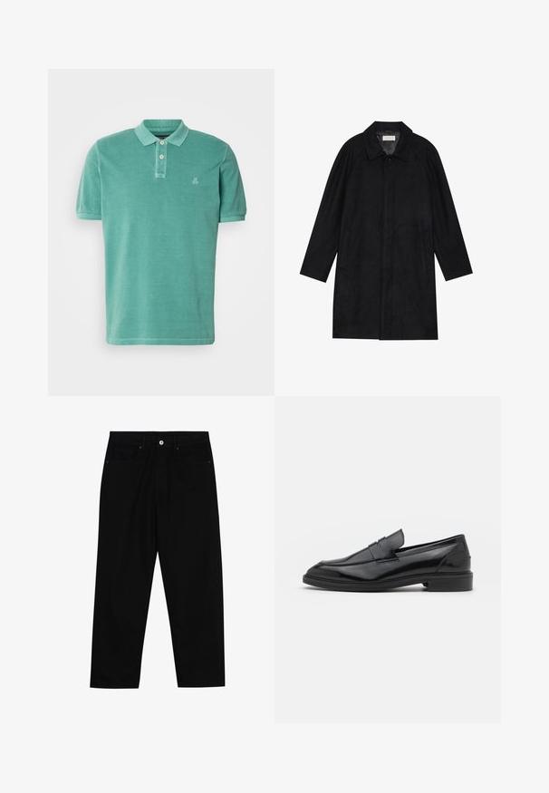 Cappotto nero realizzato in tessuto morbido e texturizzato. Caratterizzato da un colletto, maniche raglan, tasche laterali e chiusura frontale con bottoni.; Polo in teal, realizzato in cotone con colletto classico, pattina a due bottoni e un piccolo logo sul lato sinistro del petto.; Pantaloni in denim nero con taglio dritto, design a cinque tasche e chiusura frontale con bottone. Tessuto liscio con dettagli di cucitura minimi.; Mocassini in pelle nera con finitura liscia, caratterizzati da una punta tonda e una fascia stretta sulla parte superiore. Tacco basso impilato.