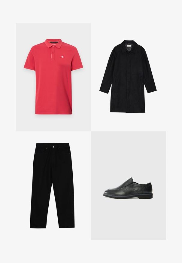 Schwarzer Mantel aus weichem, strukturiertem Stoff. Besitzt einen Kragen, Raglansärmel, seitliche Taschen und einen vorderen Knopfverschluss.; Rotes Polohemd aus Baumwolle mit klassischem Kragen, drei Knöpfen und kleinem, auf der linken Brust eingesticktem Logo. Kurzärmlig.; Schwarze Jeans mit geradem Schnitt, Fünf-Taschen-Design und einem vorderen Knopfverschluss. Glatte Textur mit minimalen Nähten.; Schwarze Leder-Slipper mit glattem Obermaterial, gesteppten Akzenten, runder Zehenpartie und niedrigem Gummiabsatz. Die Sohle hat ein minimales Profil.