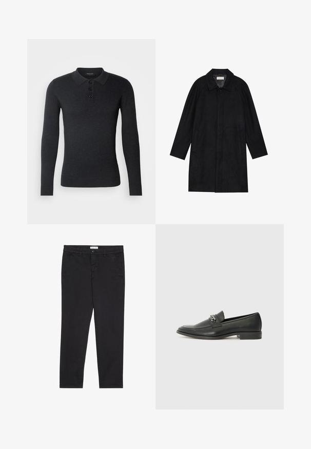 Crni kaput izrađen od mekog, teksturiranog materijala. Ima ovratnik, raglan rukave, bočne džepove i prednje dugme za zatvaranje.; Crna polo majica dugih rukava izrađena od pletenog materijala. Ima ovratnik, placket s tri gumba i rebraste manžete za prilagođeni izgled.; Crne pamučne hlače uskog kroja, s dva bočna džepa i prednjim zatvaranjem na dugme. Teksturirana tkanina s suptilnim detaljima.; Crna kožna loafer cipela s glatkom finišem, s ušivenim uzorkom i dekorativnim metalnim lancem preko prednjeg dijela. Ravni potplat.